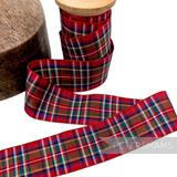 Petershams Millinery Supplies 40mm red Scottish tartan woven edge polyester ribbon on a wooden spool