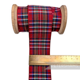 Petershams Millinery Supplies 40mm red tartan woven edge polyester ribbon on a wooden spool