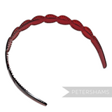 Petershams Millinery Supplies vintage red tortoise shell leaf design children's headband with tooth grips.