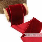 Petershams Millinery Supplies 50mm wide deep red French velvet ribbon on a wooden spool for craft and millinery