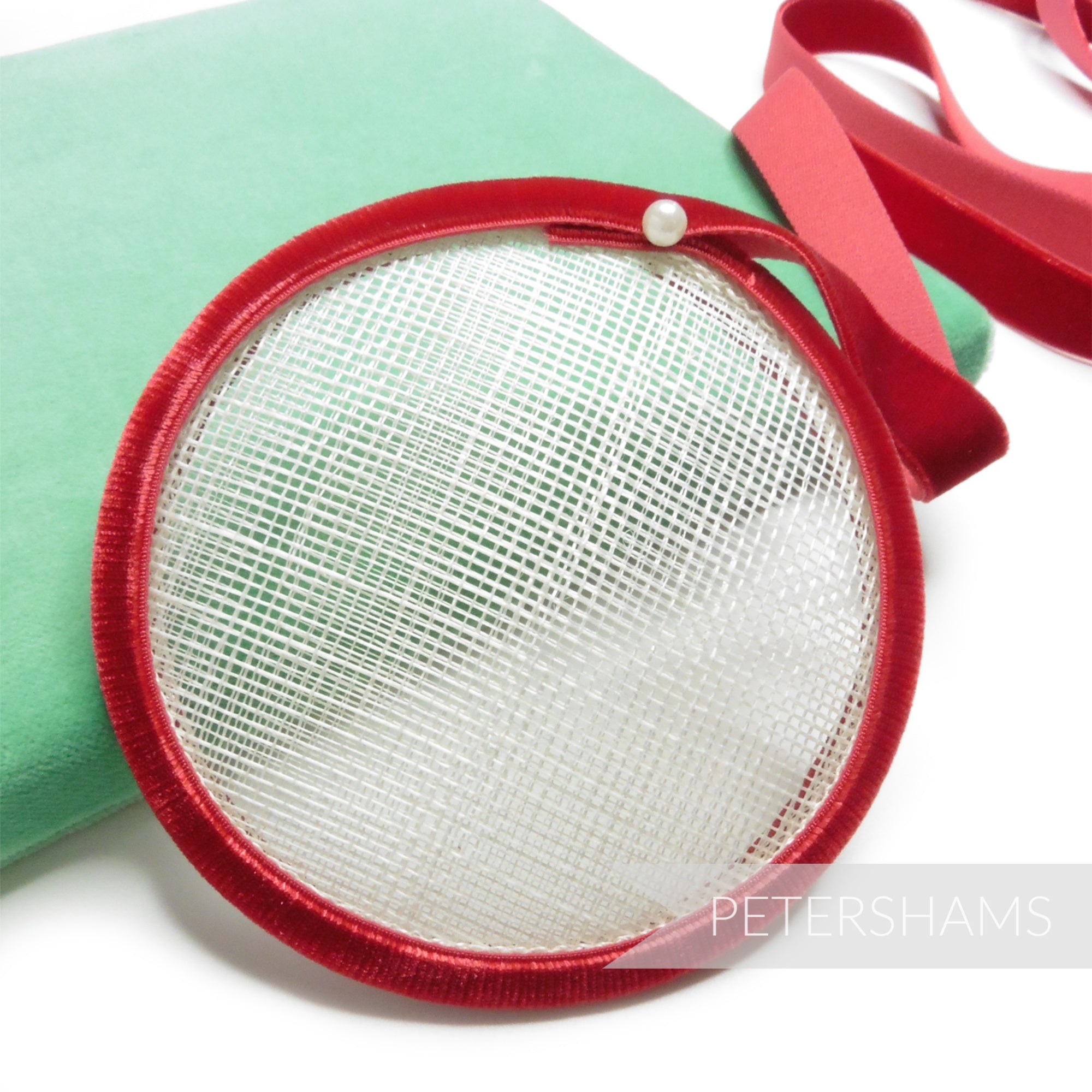 Petershams Millinery Supplies 16mm red elastic velvet ribbon edging a white circular fascinator base