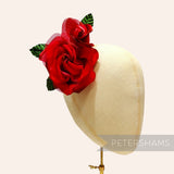 Petershams Millinery Supplies Darlene velvet and silk rose flower mount in vibrant red on a millinery head form