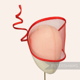 Petershams Millinery Supplies red crinoline and sinamay visor fascinator with a decorative wired spiral trim.