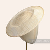 Petershams Millinery Supplies 29cm round natural sinamay fascinator base on a mannequin head