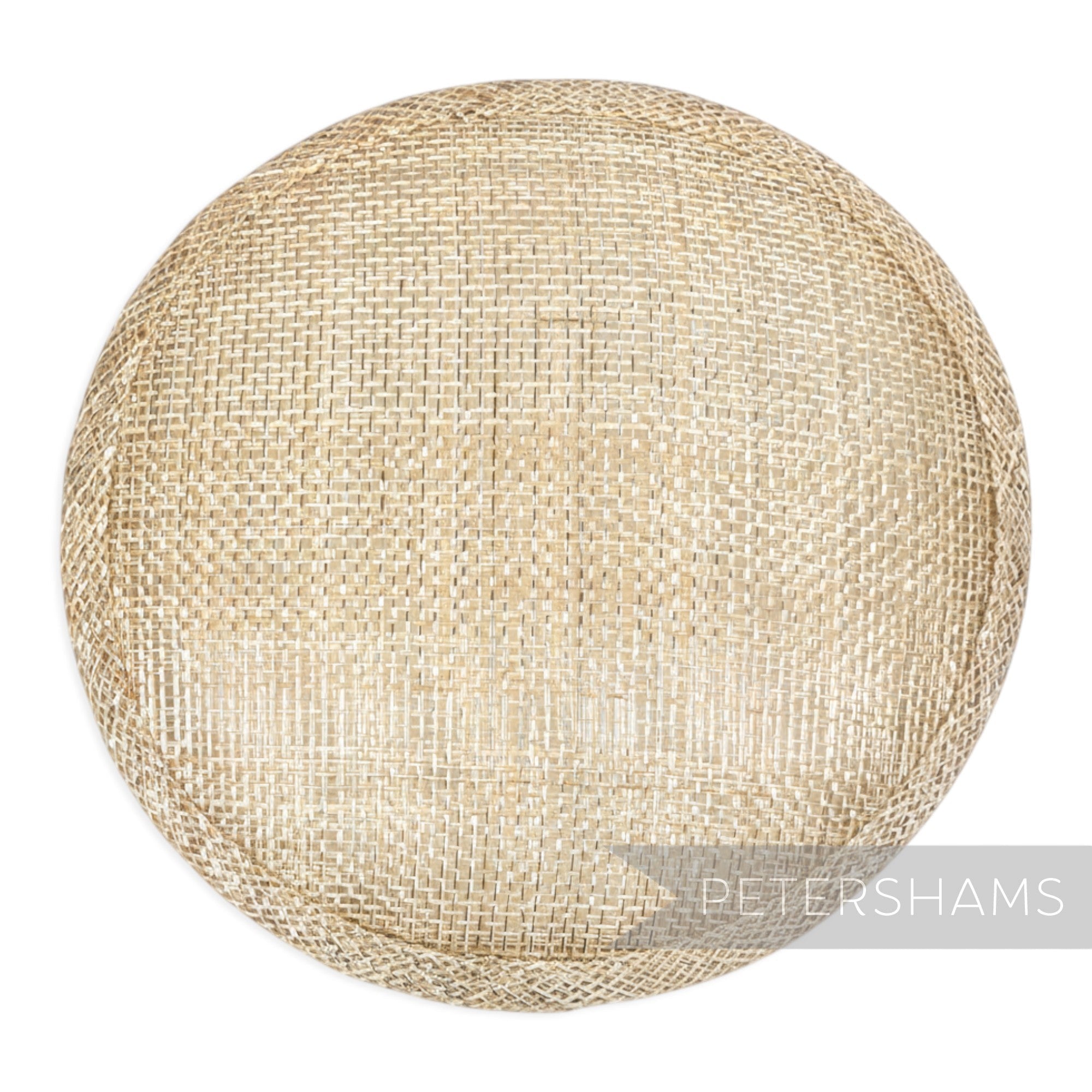 Petershams Millinery Supplies 13.5cm round metallic lurex sinamay fascinator hat base in a natural beige tone.