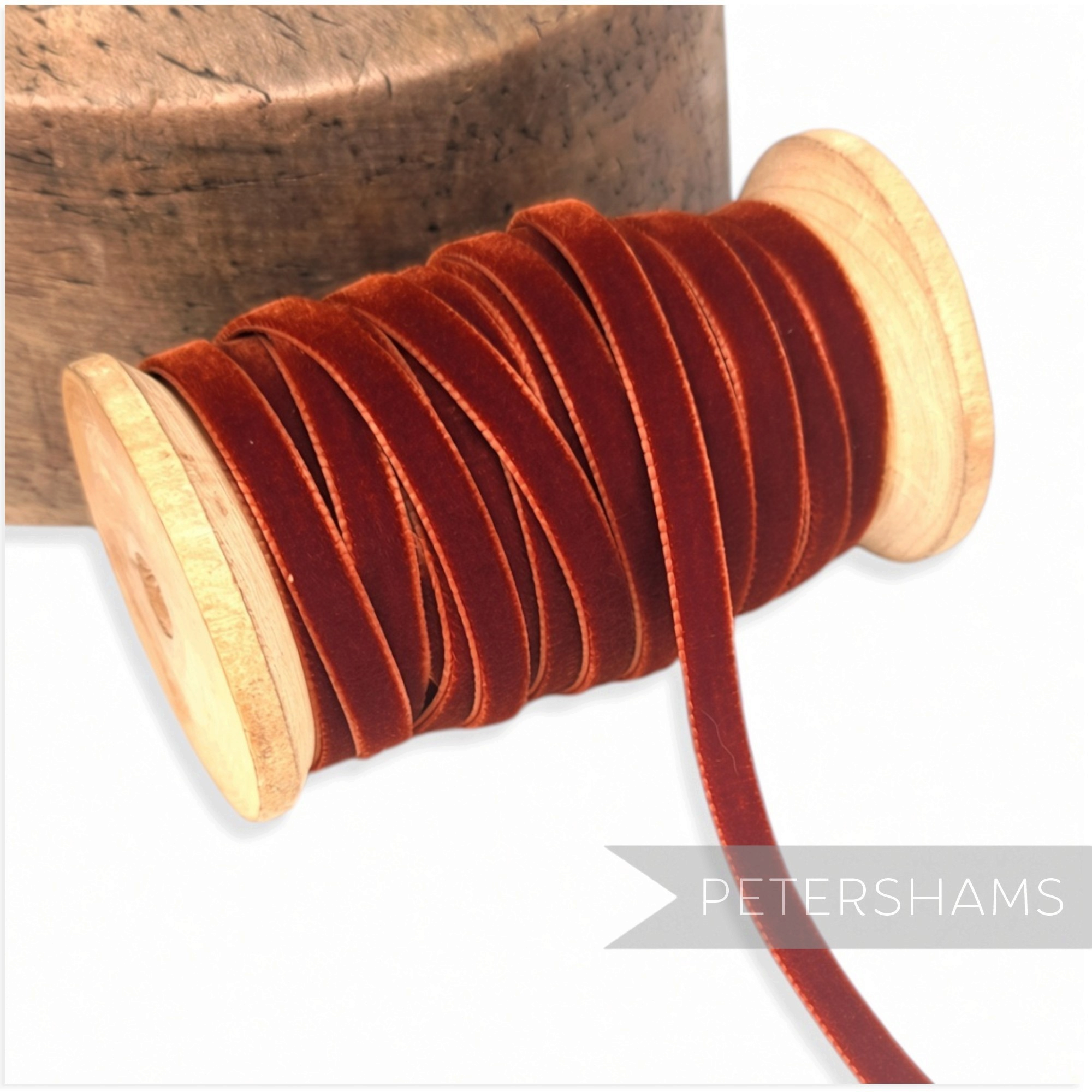 Petershams Millinery Supplies vintage 7mm rust brown rayon velvet ribbon wound on a wooden spool