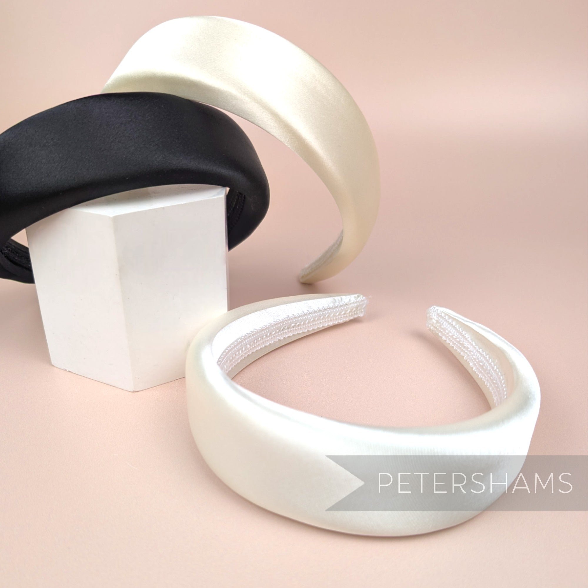 Petershams Millinery Supplies satin 40mm super padded headbands in black and ivory