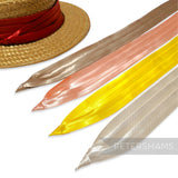 Petershams Millinery Supplies satin puggaree hat bands in various colours with a straw hat example