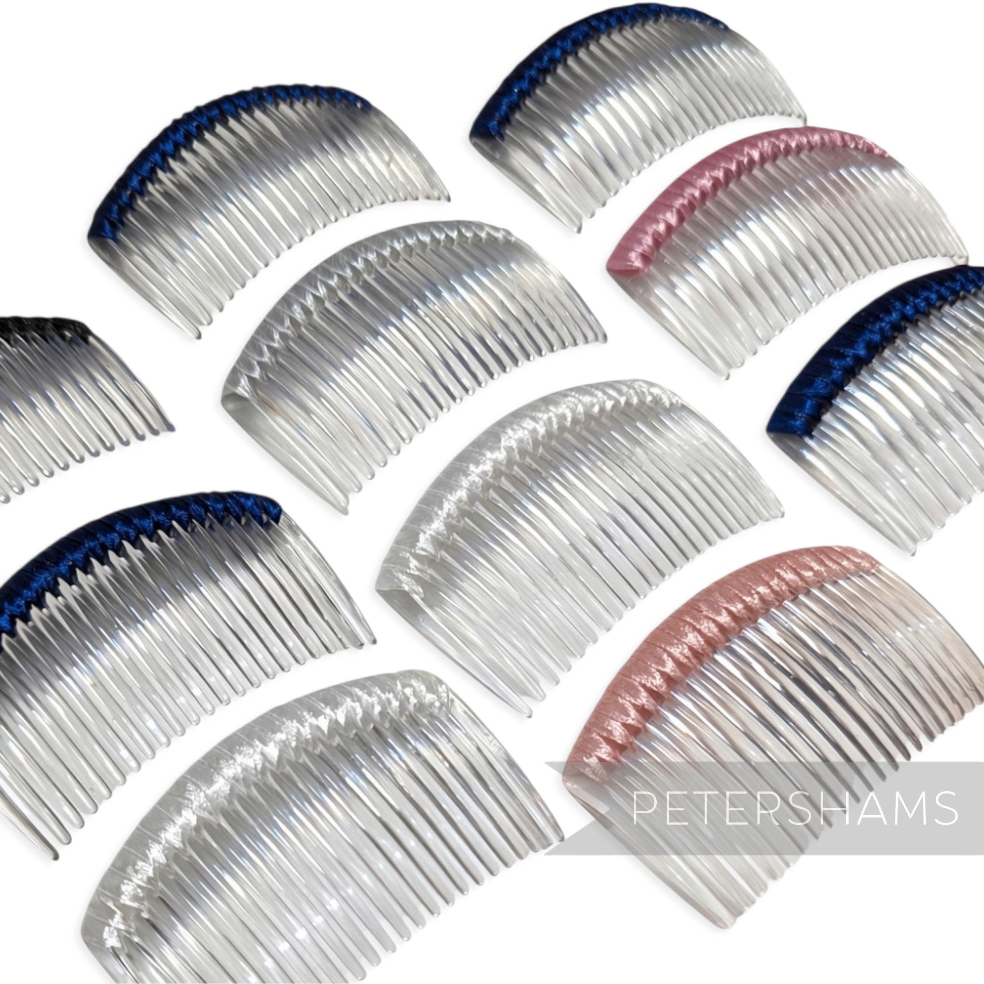 Petershams Millinery Supplies assorted 8.5cm plastic hair combs wrapped in satin ribbon for hat making projects
