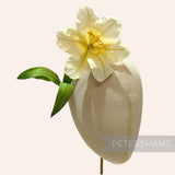 Petershams Millinery Supplies vintage German silk hibiscus flower in pastel yellow with long stamens