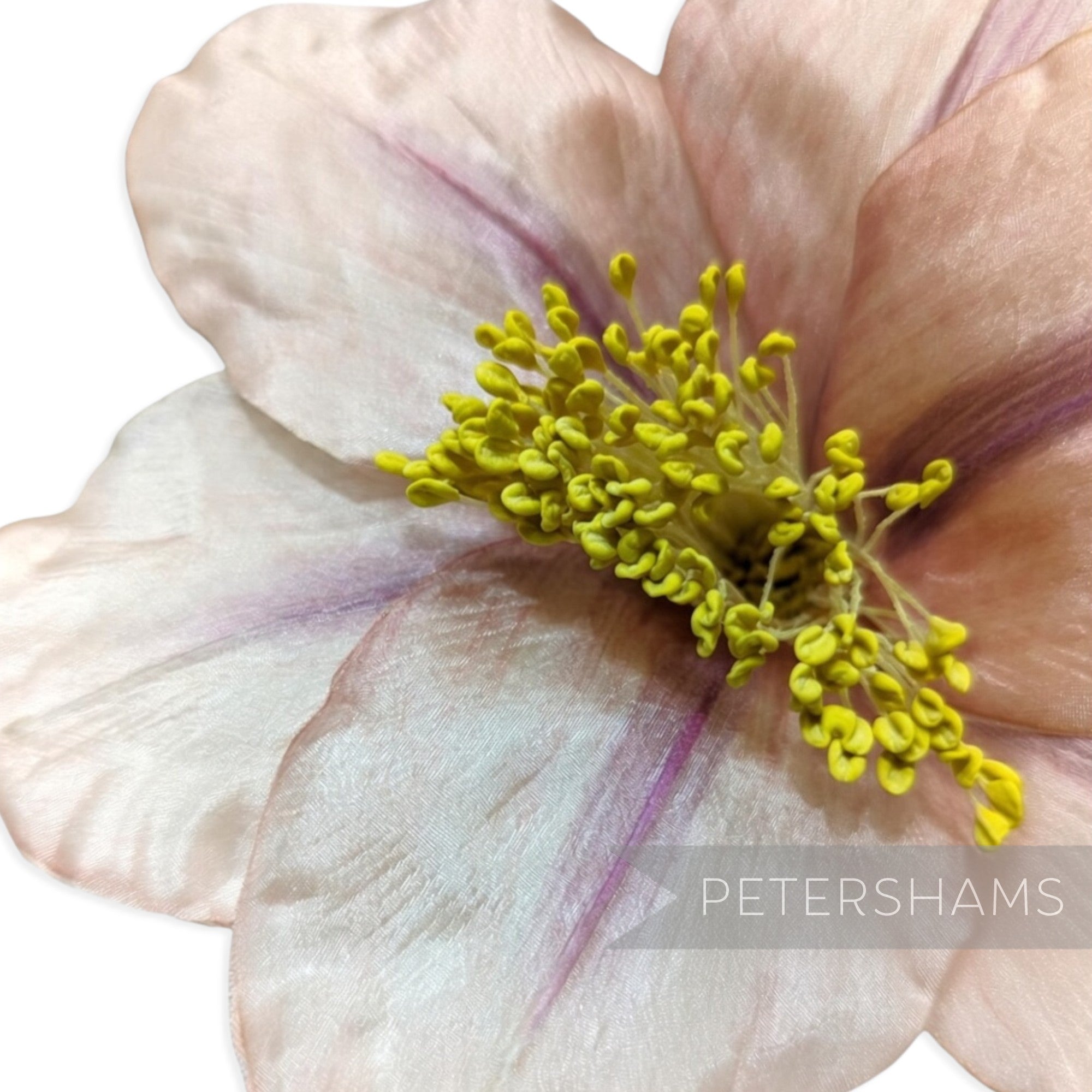 Petershams Millinery Supplies vintage German silk hibiscus flower in soft pink with long yellow stamens
