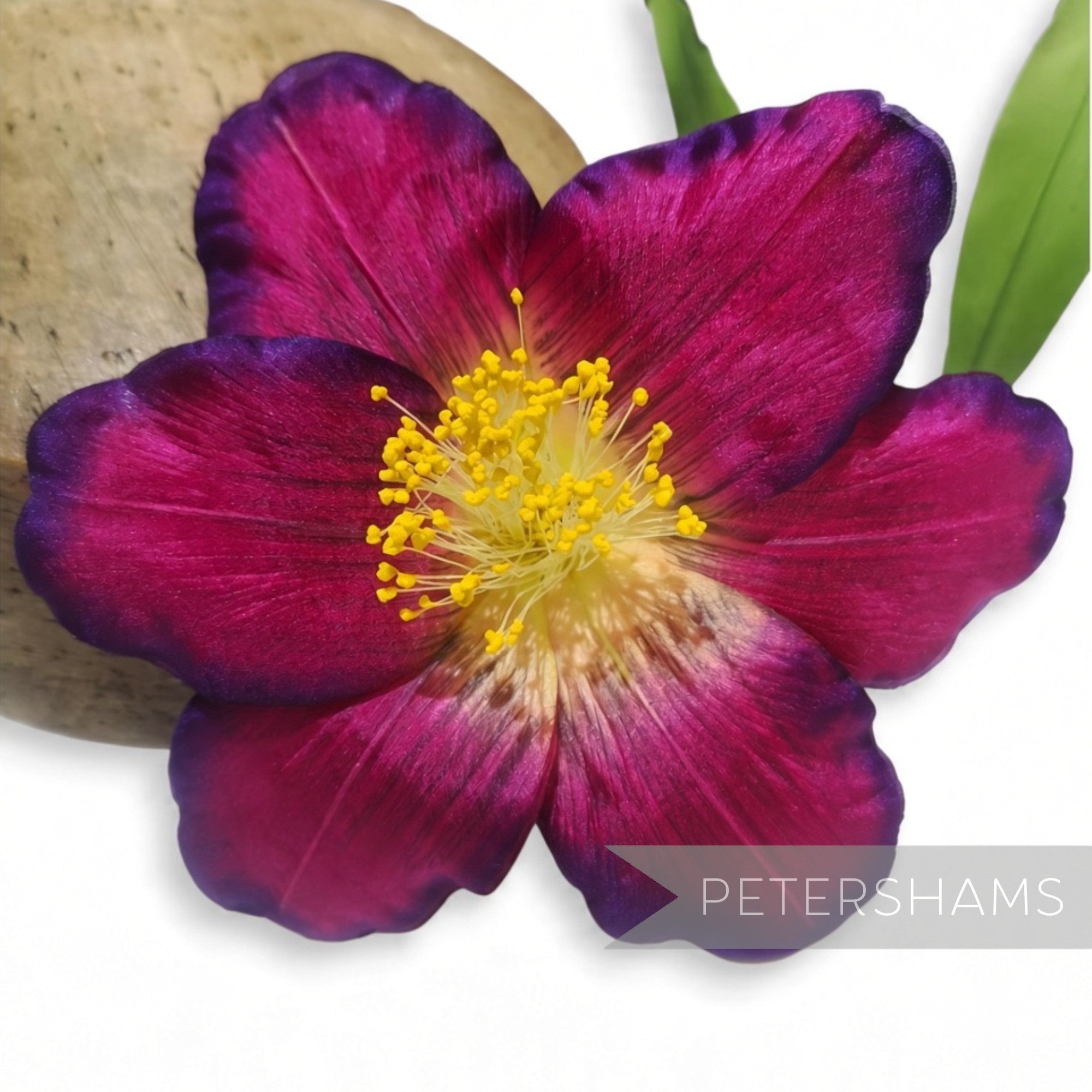 Petershams Millinery Supplies vintage German silk hibiscus flower in deep cerise ombre with long yellow stamens