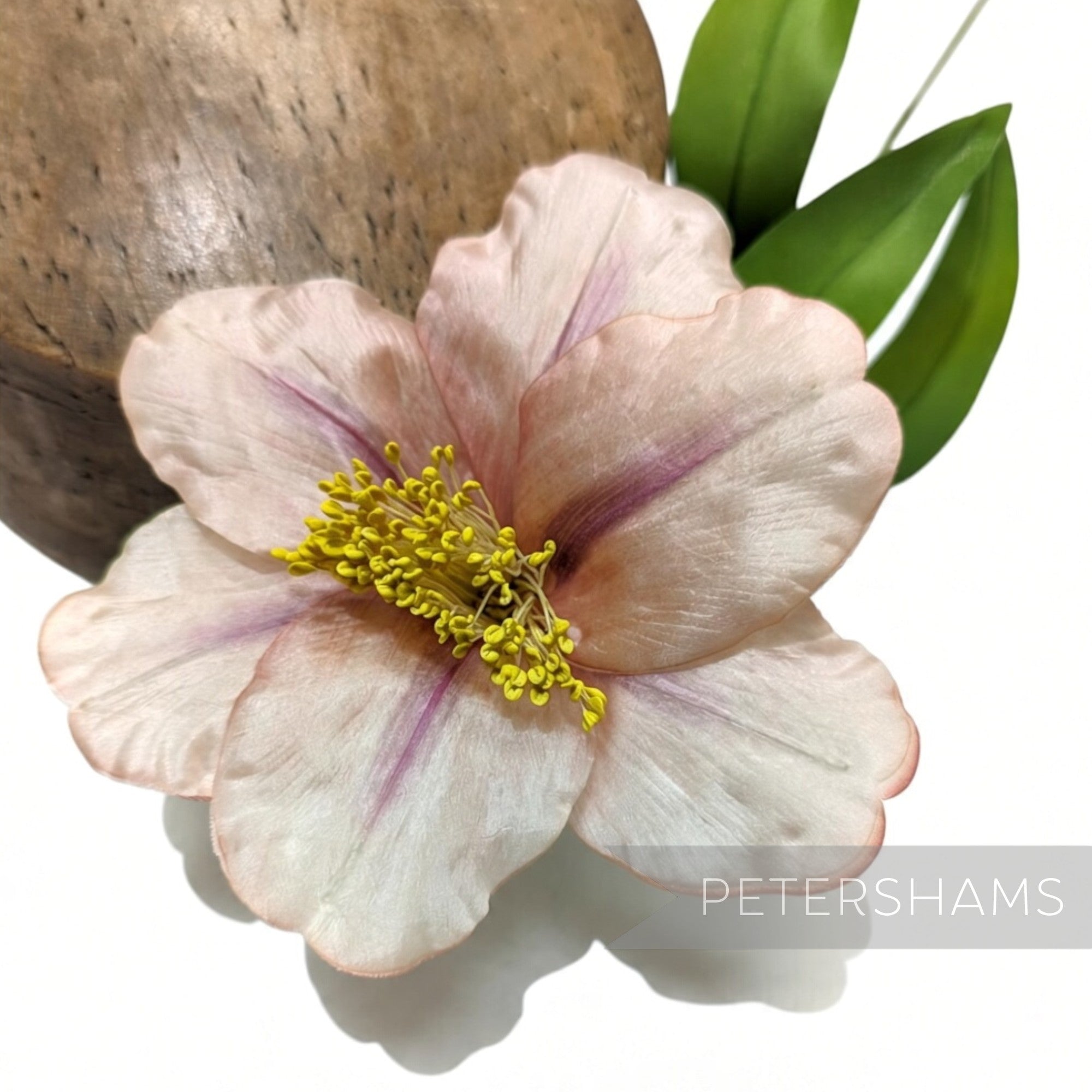 Petershams Millinery Supplies vintage 1950s German silk hibiscus flower in pale pink with long yellow stamens