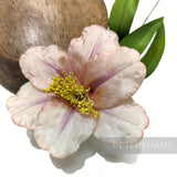Petershams Millinery Supplies vintage 1950s German silk hibiscus flower in pale pink with long yellow stamens