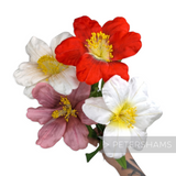Petershams Millinery Supplies vintage silk hibiscus flowers in red, white, and mauve with long yellow stamens