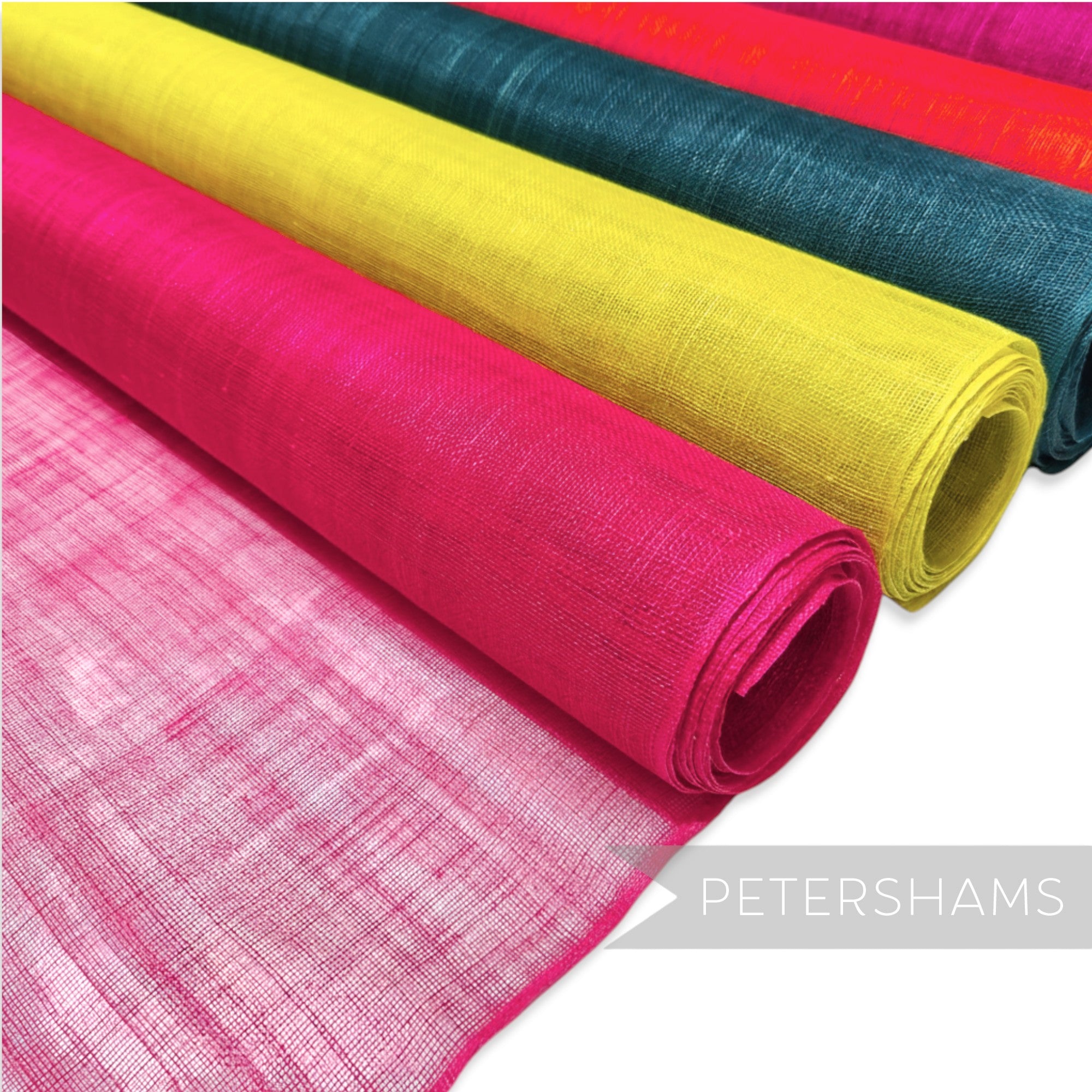 Petershams Millinery Supplies sinamay fabric rolls in fuchsia, yellow, teal, and orange. Lightweight, woven material for hat making.