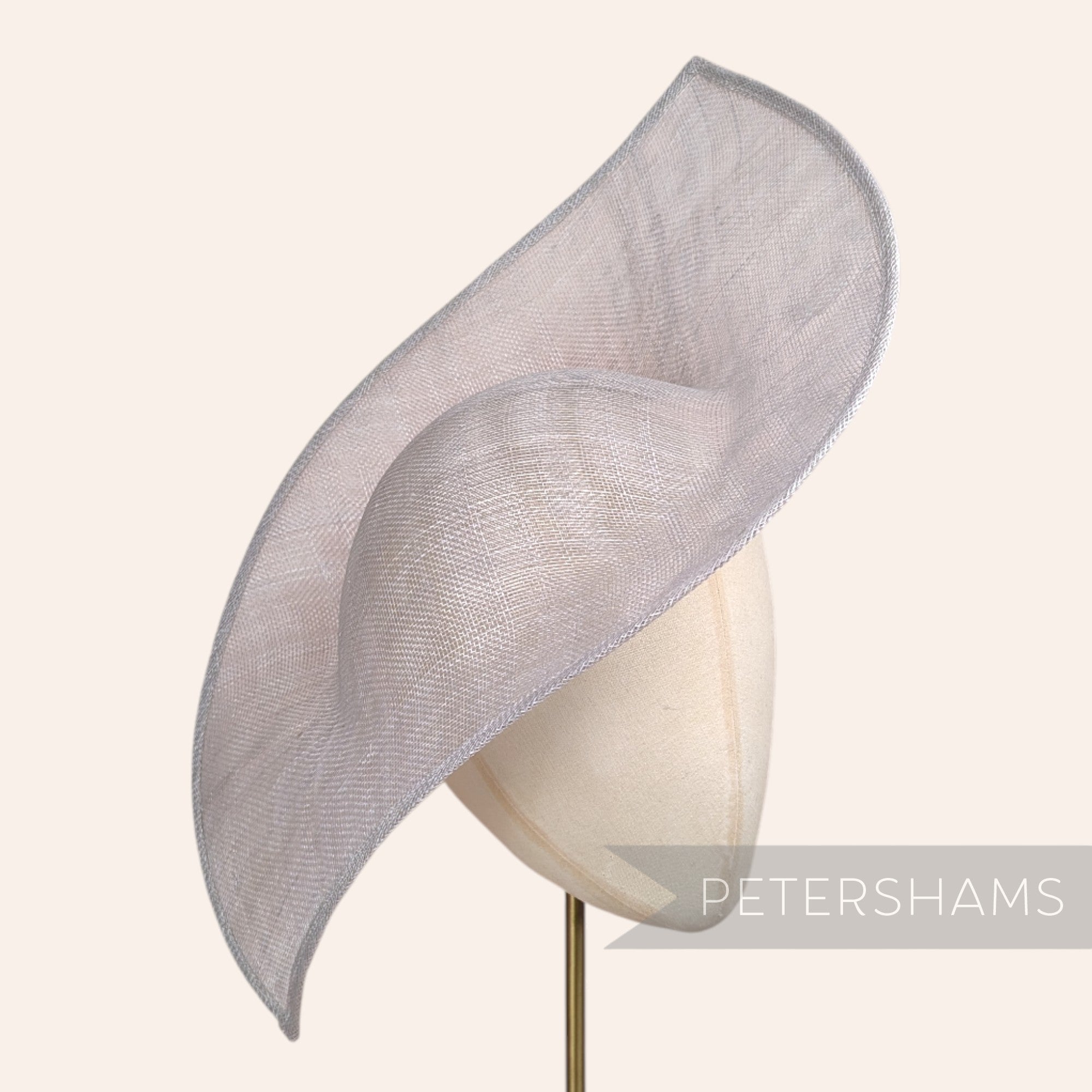 Petershams Millinery Supplies Jackie double pointed sinamay fascinator hat base in a pale grey woven fabric.