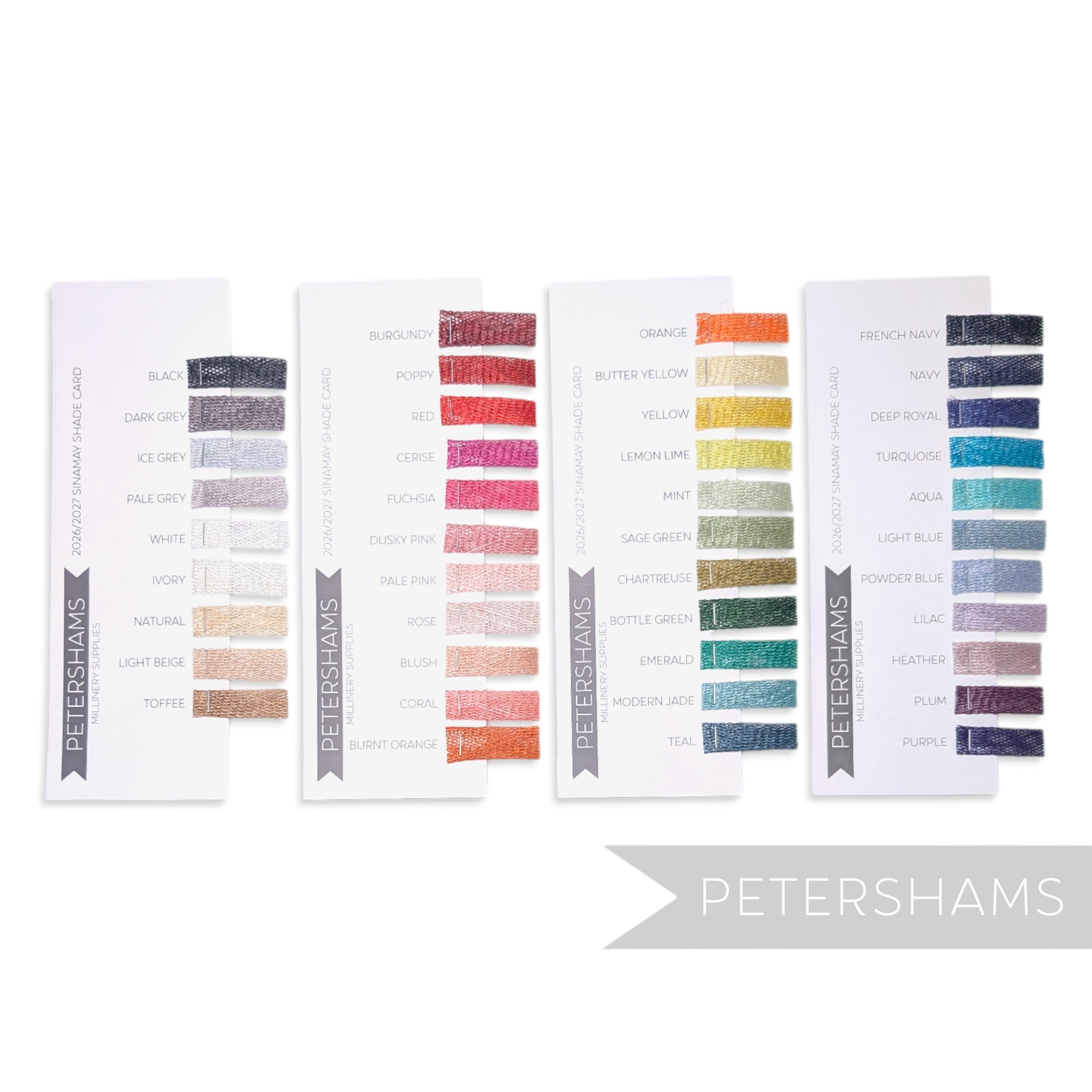 Petershams Millinery Supplies 2026/2027 sinamay fabric shade card featuring 42 labeled color swatches on four cards.