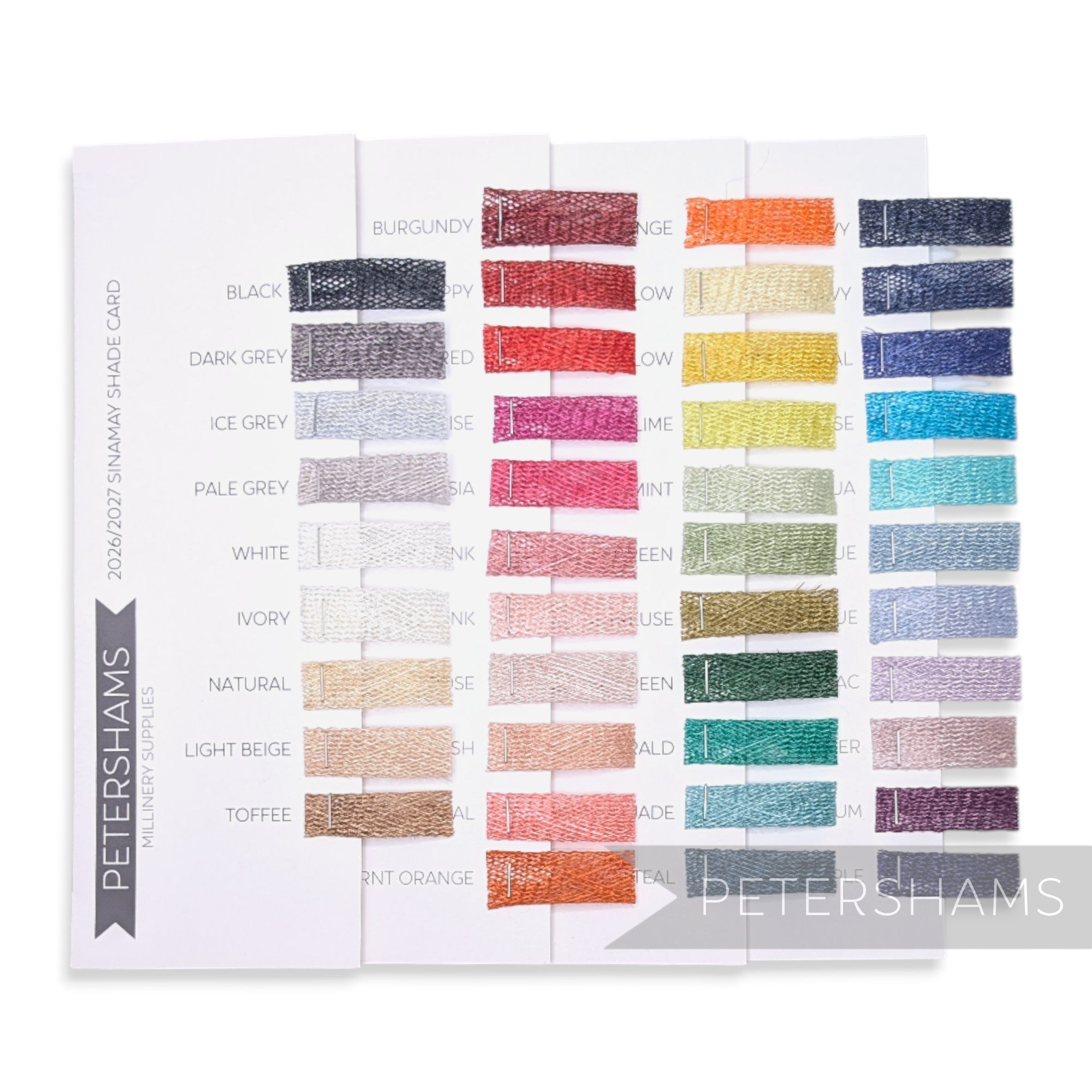 Petershams Millinery Supplies 2026/2027 sinamay fabric shade card featuring 42 woven colour swatches for hat making.