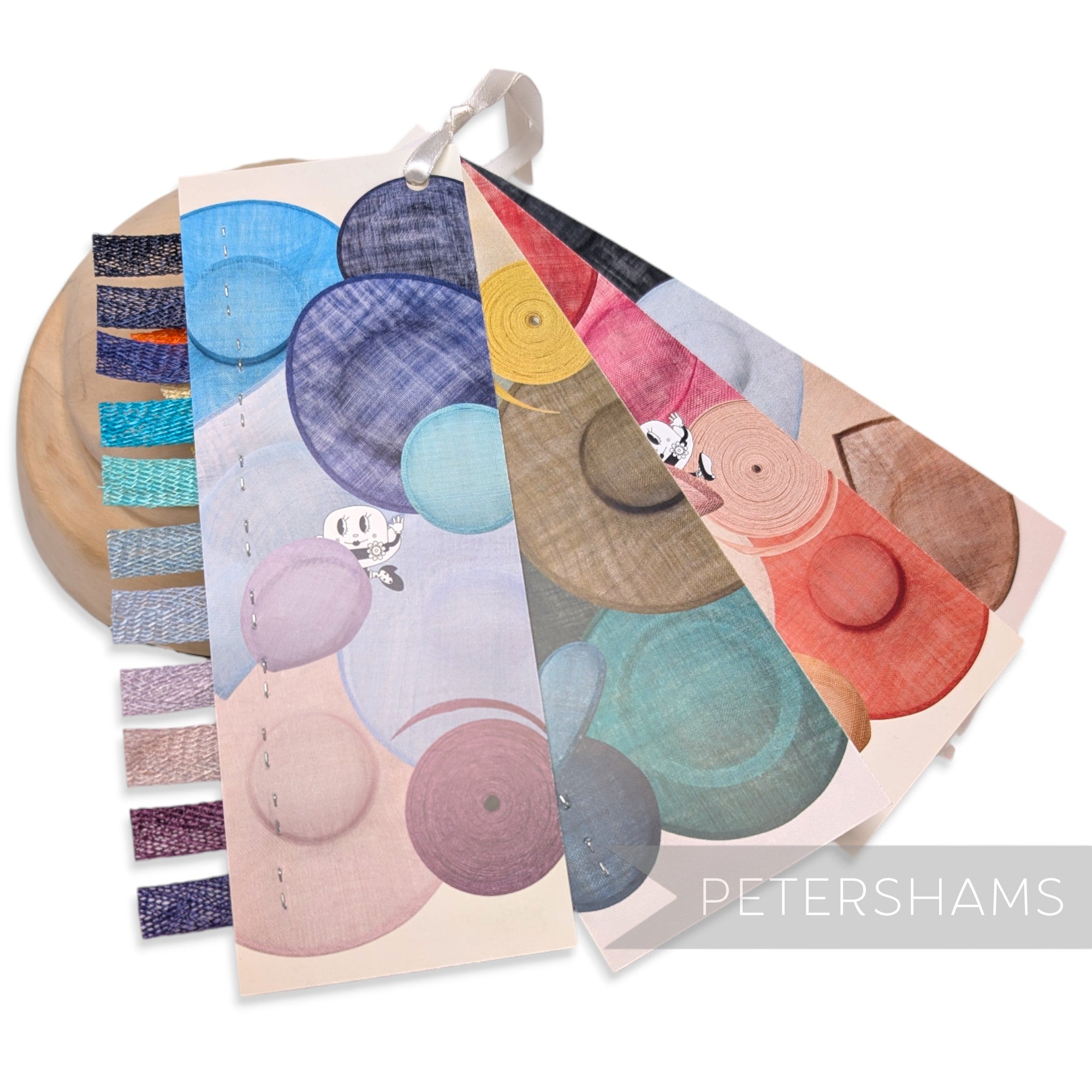 Petershams Millinery Supplies 2026/2027 sinamay fabric shade card featuring 42 colour swatches for hat making.