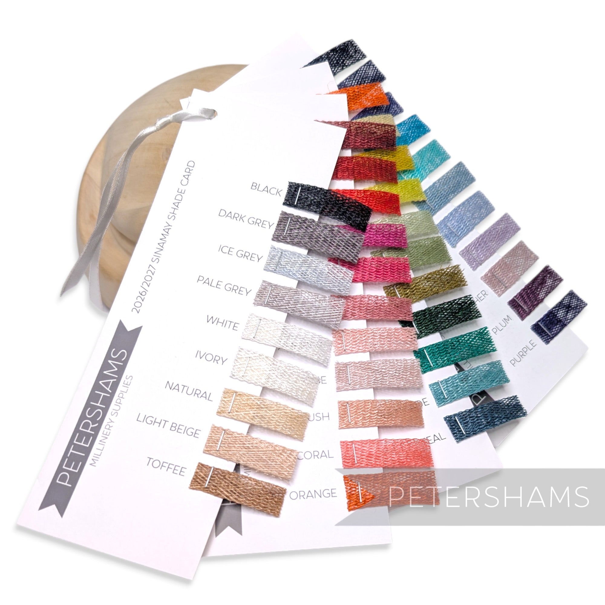 Petershams Millinery Supplies 2026/2027 sinamay fabric shade card featuring 42 colour swatches for hat making.
