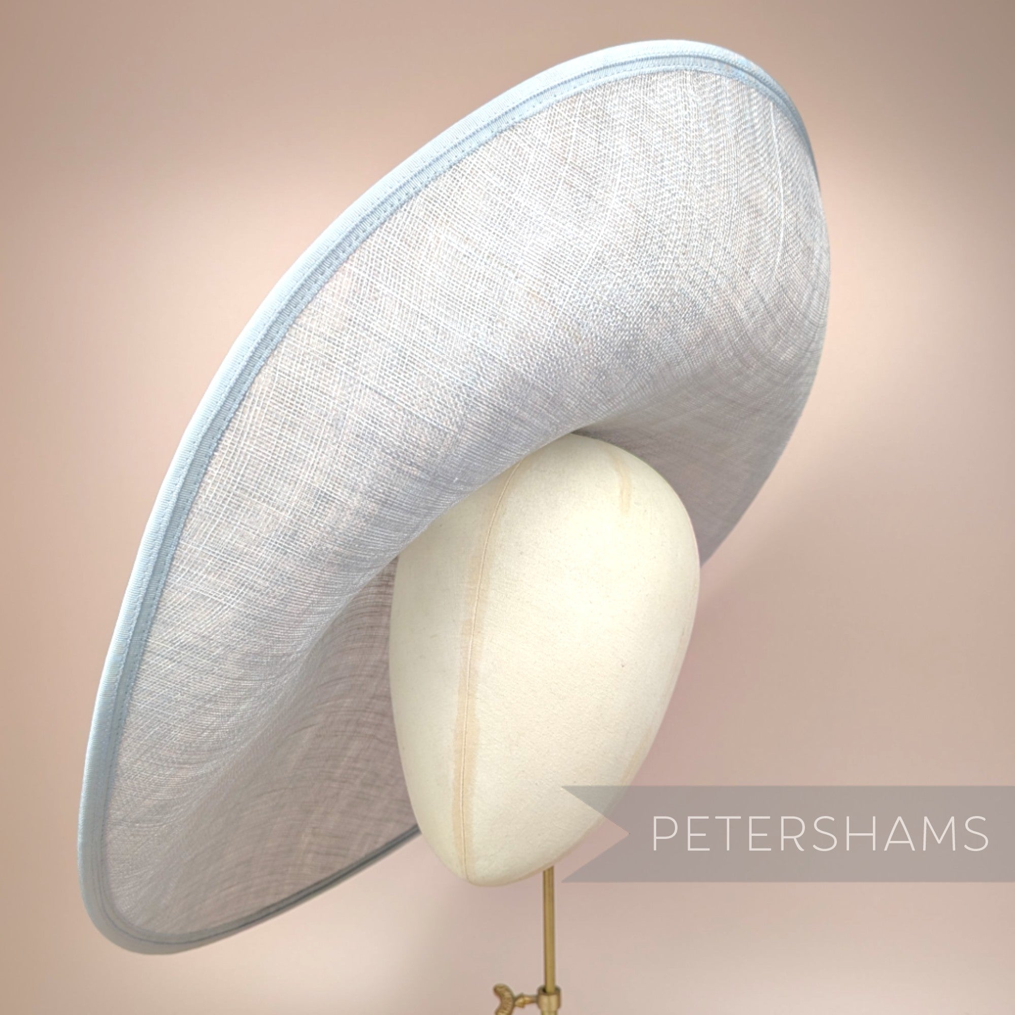 Petershams Millinery Supplies extra large 52cm sloped sinamay hat base in pewter with petersham ribbon edging