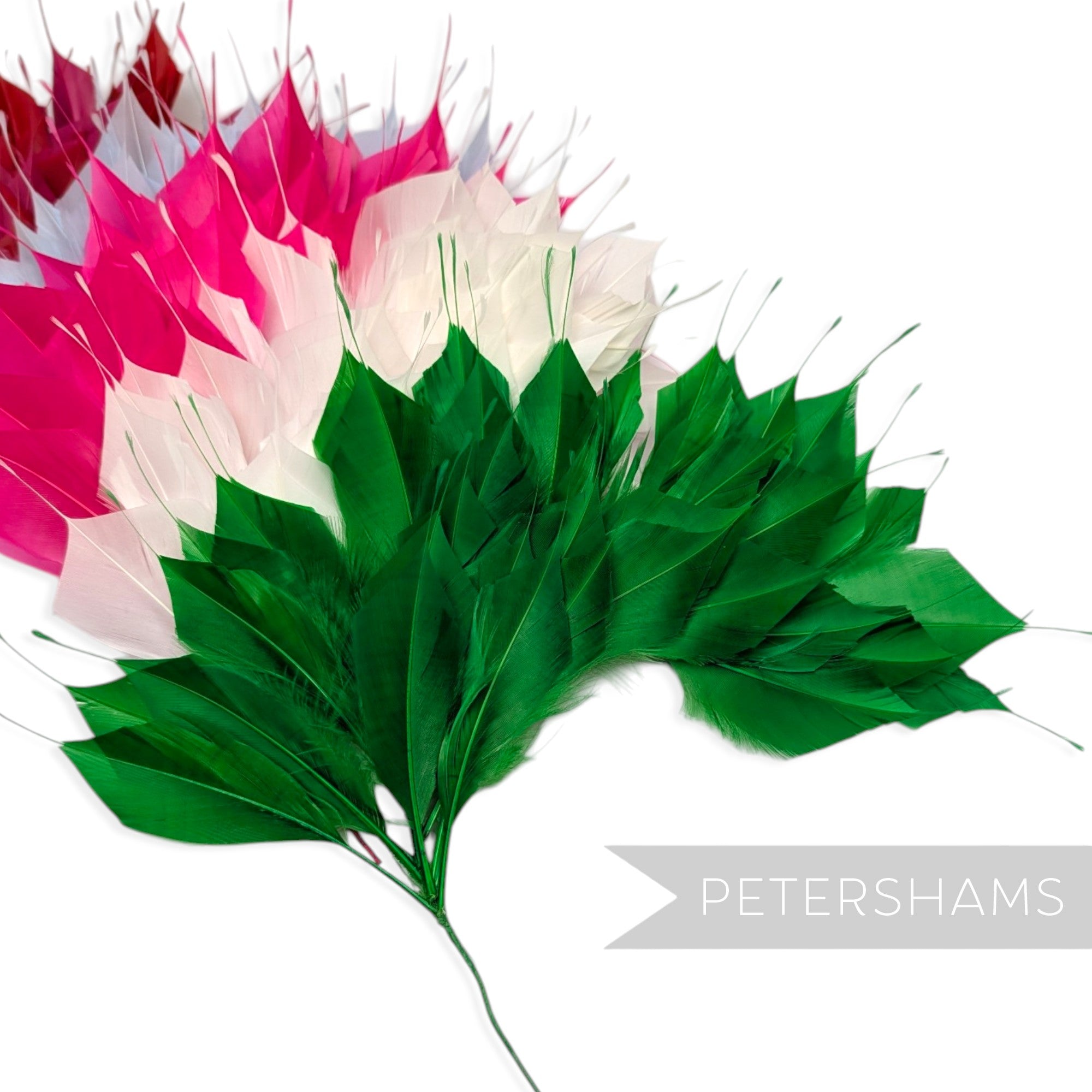 Petershams Millinery Supplies large spiky goose feather wired hat mount in green, pink, and white