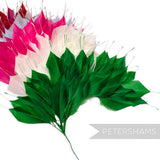 Petershams Millinery Supplies large spiky goose feather wired hat mount in green, pink, and white