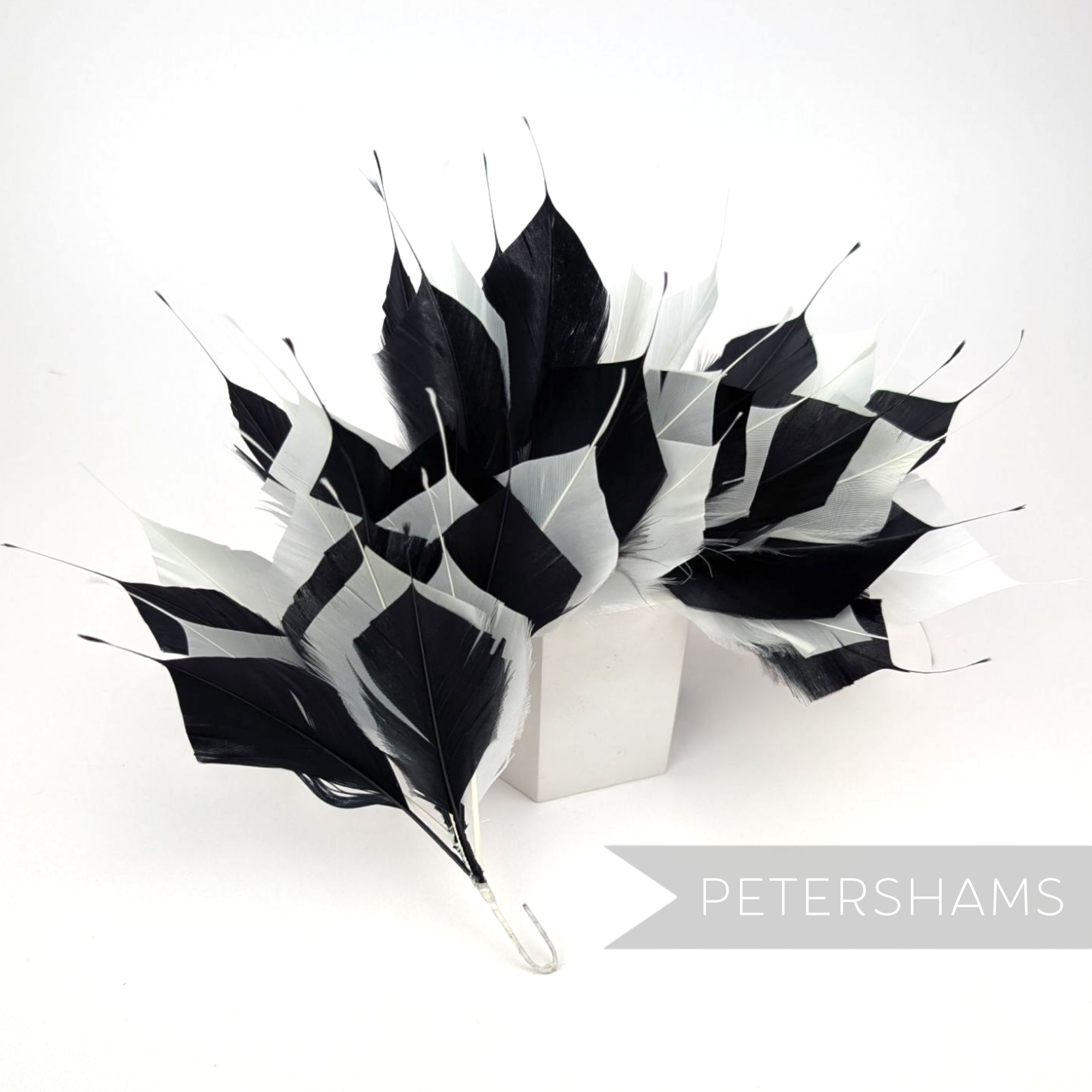 Petershams Millinery Supplies large spiky black and white goose feather wired hat mount for millinery headpieces