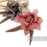 Petershams Millinery Supplies Steyer hessian and organza flower buttonholes with pheasant and biot feathers