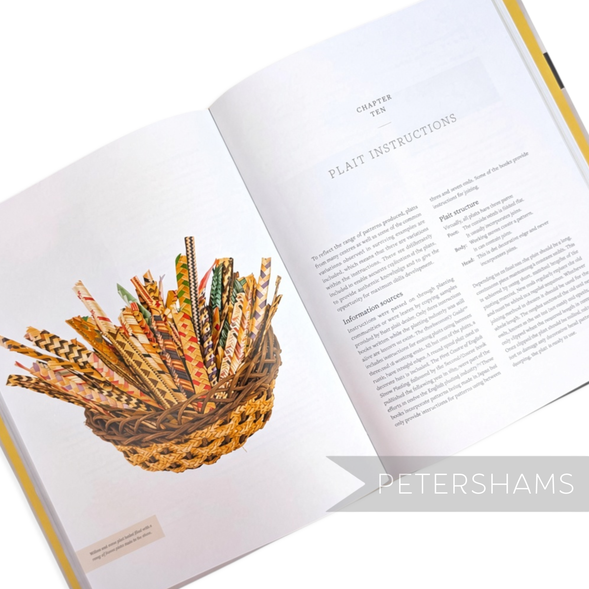 Petershams Millinery Supplies Straw Plaiting book open to a page showing various straw braid samples and instructions