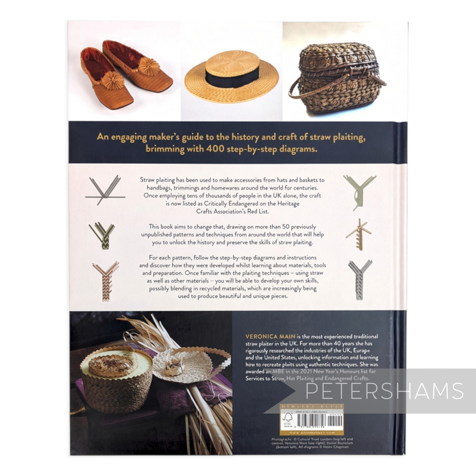 Back cover of Petershams Millinery Supplies Straw Plaiting book by Veronica Main featuring craft diagrams and photos
