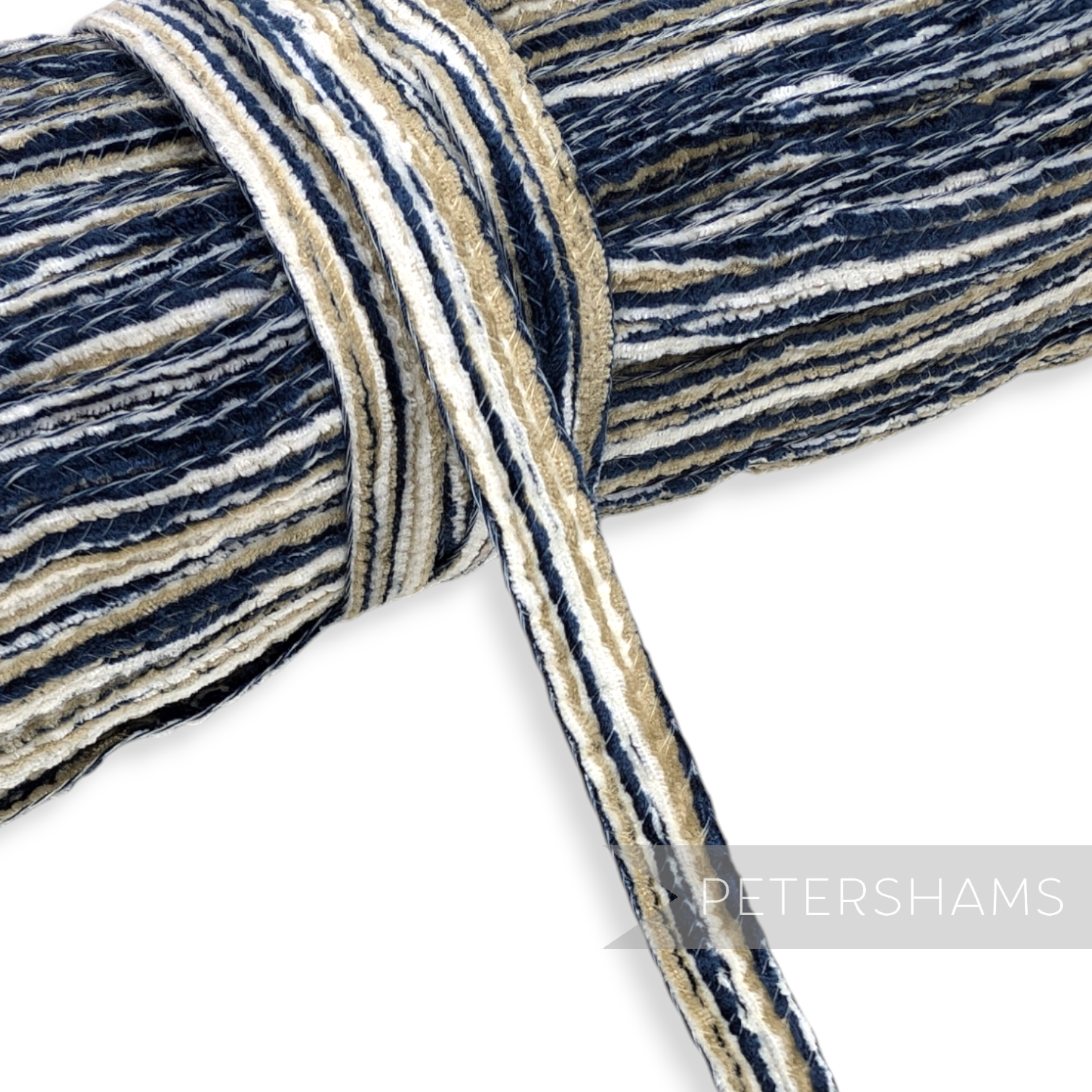 Petershams Millinery Supplies 15mm navy, white, and tan striped chenille threaded crin braid for hat making