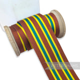 Petershams Millinery Supplies vintage 38mm wide brown, yellow, and teal striped grosgrain ribbon by Toye, Kenning and Spencer