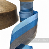 Petershams Millinery Supplies vintage 45mm blue and grey striped grosgrain ribbon on a wooden spool