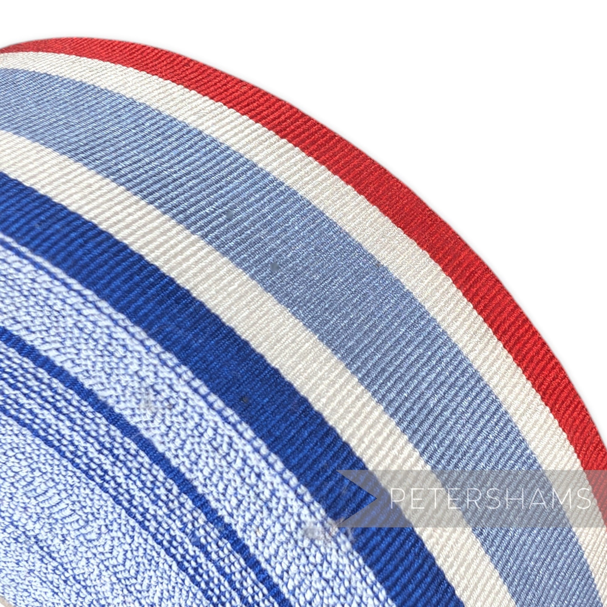 Petershams Millinery Supplies vintage 35mm wide striped grosgrain ribbon in red, white, and blue on a 25m roll.