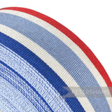 Petershams Millinery Supplies vintage 35mm wide striped grosgrain ribbon in red, white, and blue on a 25m roll.