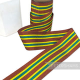 Petershams Millinery Supplies vintage 38mm wide striped grosgrain ribbon in brown, yellow, and green on a 50m roll by Toye, Kenning and Spencer