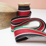 Petershams Millinery Supplies vintage 45mm striped grosgrain ribbon in red, black, white, and green on a wooden spool.