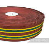 Petershams Millinery Supplies vintage 38mm wide brown grosgrain ribbon with green and yellow stripes on a 50m roll by Toye, Kenning and Spencer
