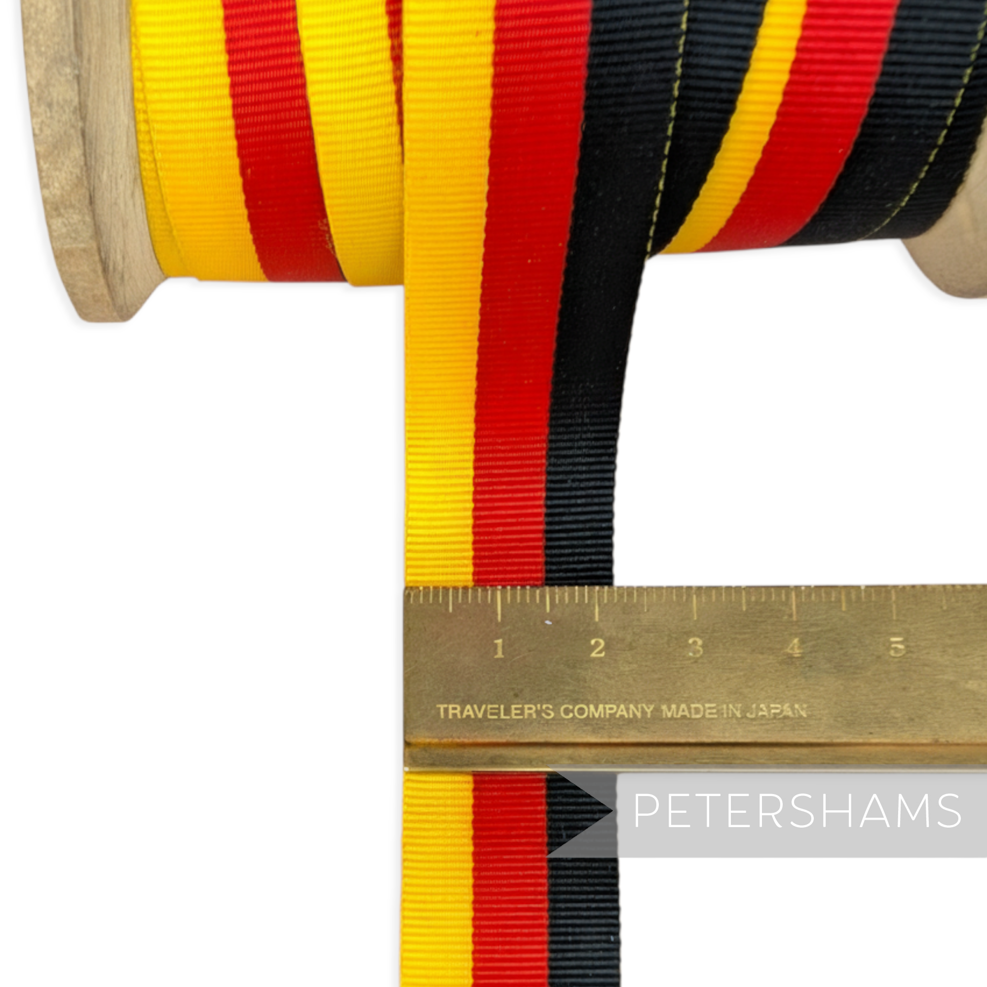 Petershams Millinery Supplies vintage 1990s 22mm striped grosgrain ribbon in yellow, red, and black