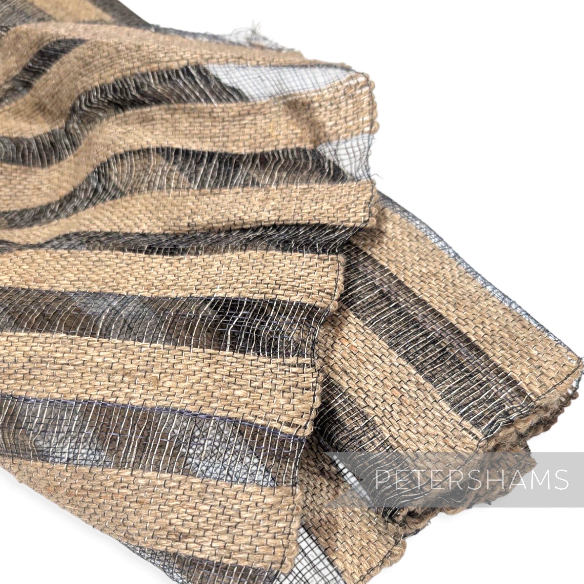 Petershams Millinery Supplies black and natural striped sinamay abaca fabric with woven jute twine for hat making.