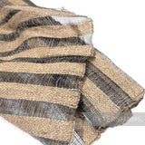 Petershams Millinery Supplies black and natural striped sinamay abaca fabric with woven jute twine for hat making.