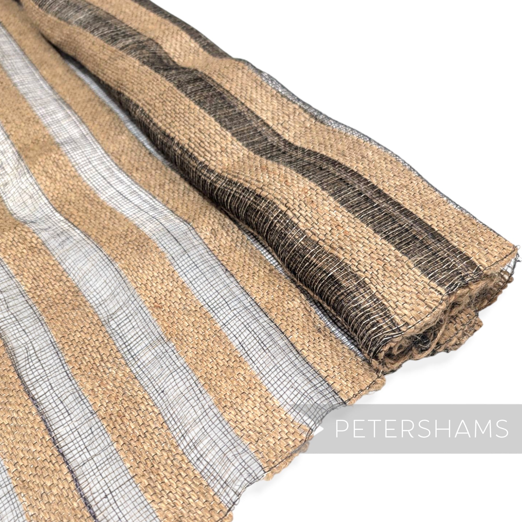Petershams Millinery Supplies black and natural striped sinamay abaca fabric with woven jute twine for hat making.