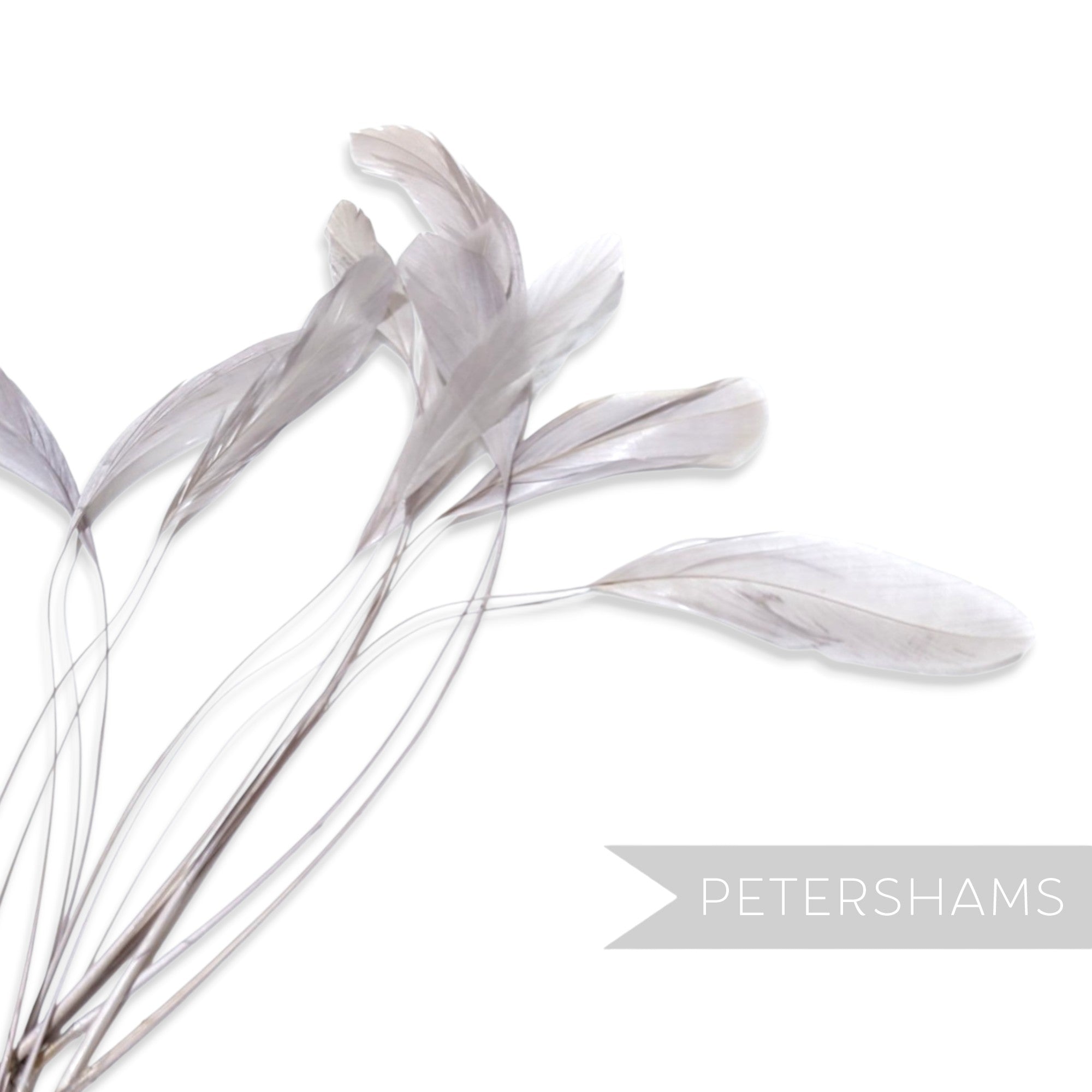 Petershams Millinery Supplies pack of 10 long loose stripped coque feathers in a light grey shade for millinery.