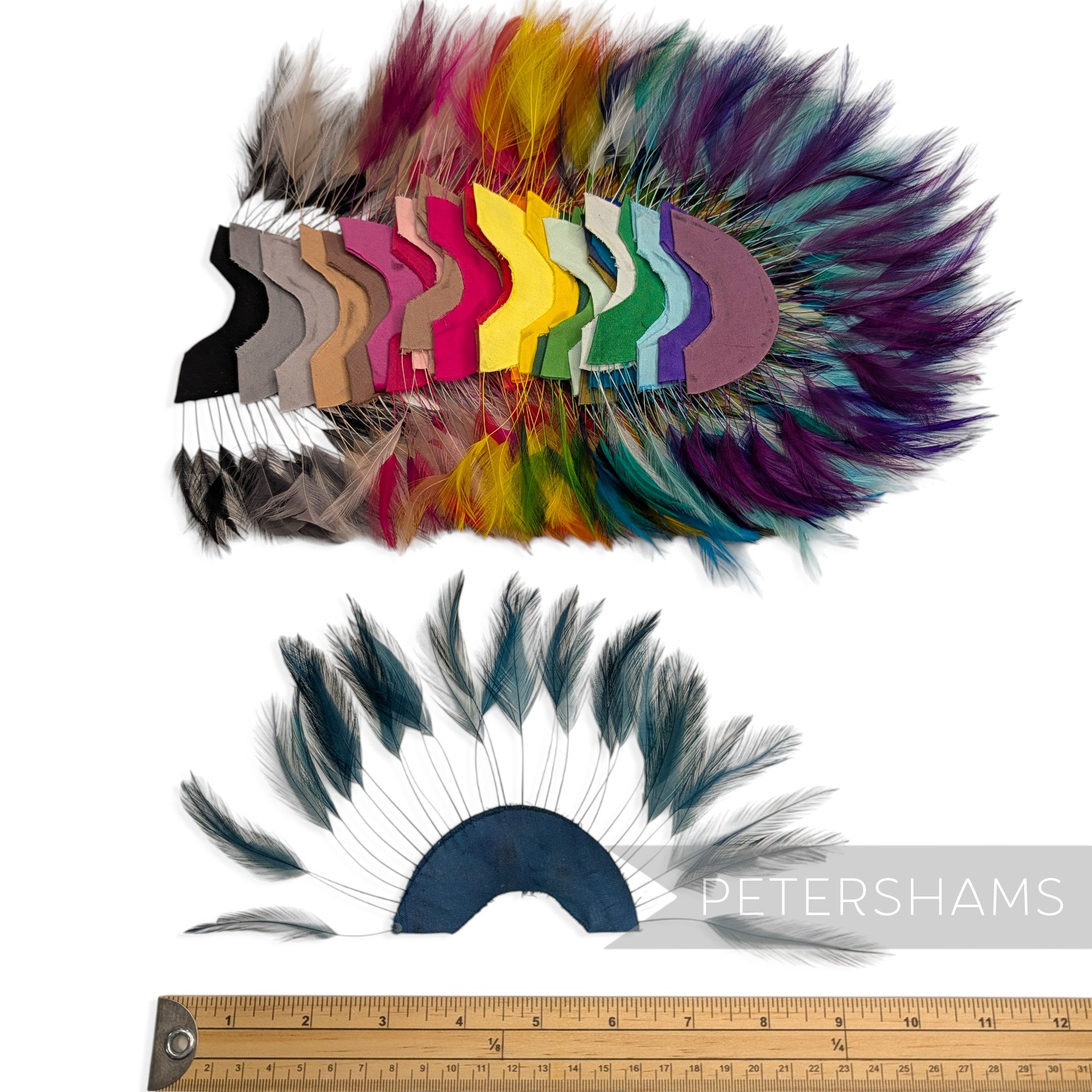 Petershams Millinery Supplies multi-colored stripped hackle feather fans on cotton bases for hat and fascinator trim.