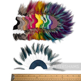 Petershams Millinery Supplies multi-colored stripped hackle feather fans on cotton bases for hat and fascinator trim.