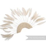 Petershams Millinery Supplies stripped hackle feather fan in light beige on a half-circle cotton base for hat trimming.