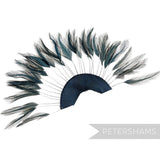 Petershams Millinery Supplies stripped hackle feather fan in navy blue on a half circle cotton base for hat trimming.