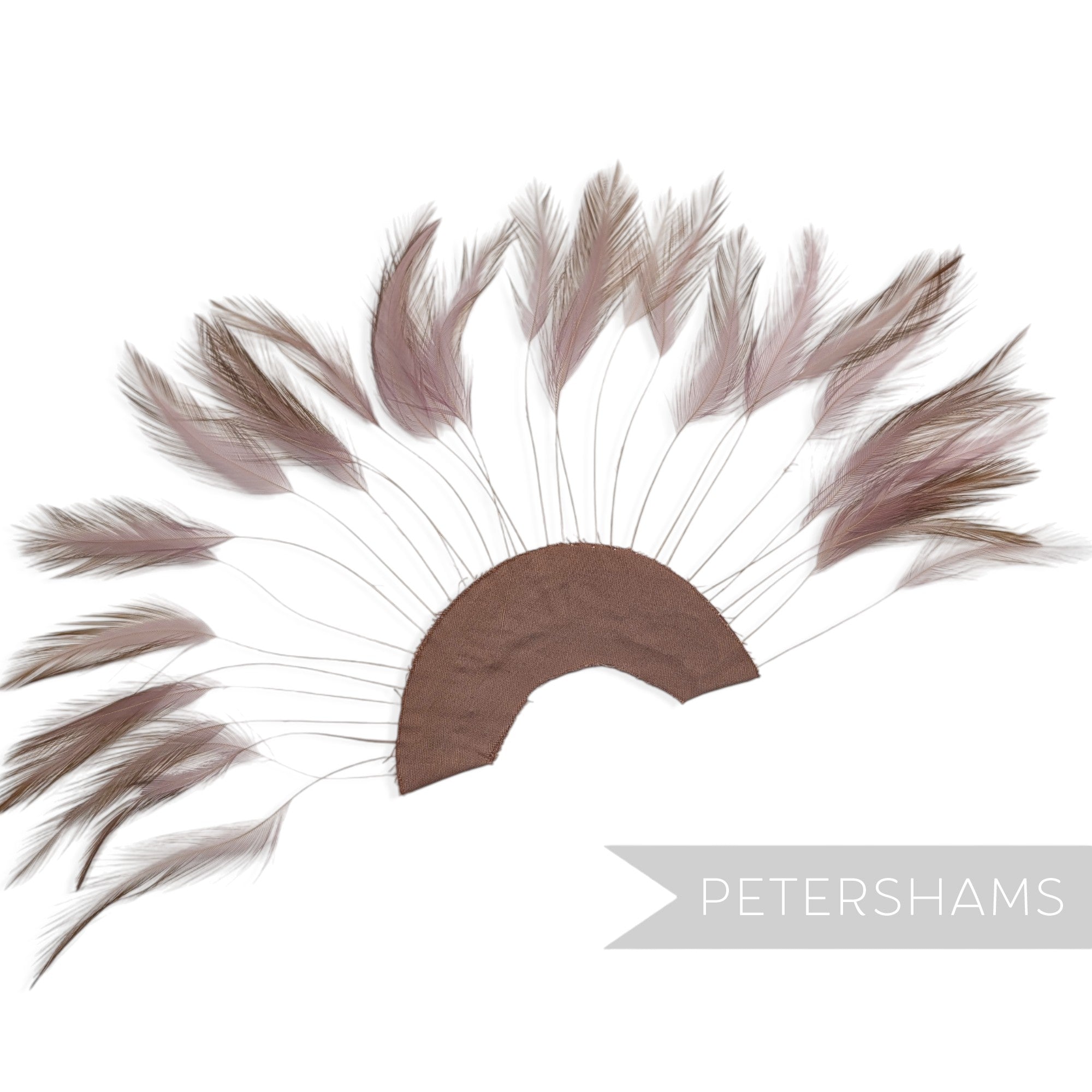 Petershams Millinery Supplies stripped hackle feather fan in mink on a half-circle cotton base for hat trimming.